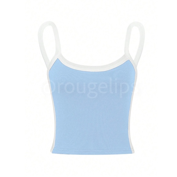 Blue Crop Top Tank, White Binding Trim - Picture 4 of 7